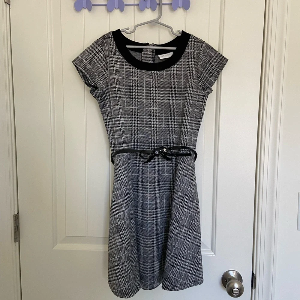 EUC Children’s Place girl’s black white plaid bow belt zip dress‎ size 12